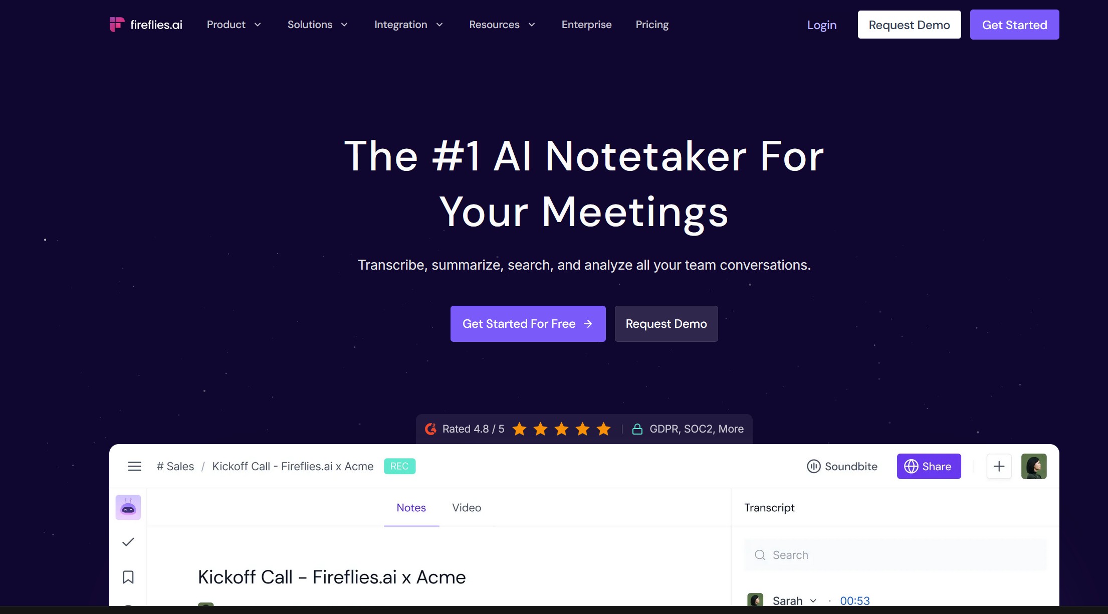 Fireflies.ai screenshot - AI Notetaker to Transcribe, Summarize, Analyze meetings