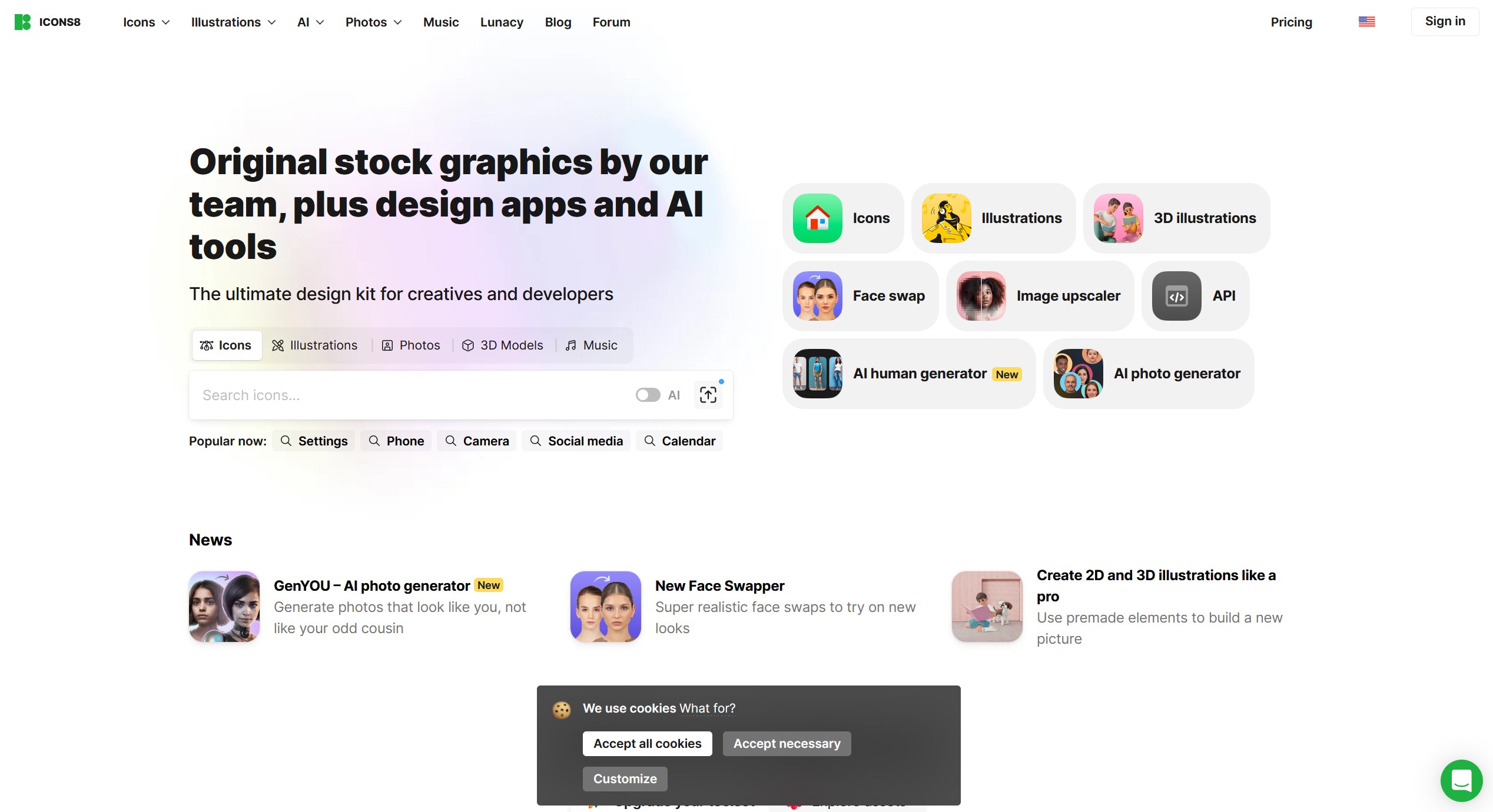 Icons8 screenshot - Design assets library with icons, illustrations, photos, music, 3D models, and AI tools