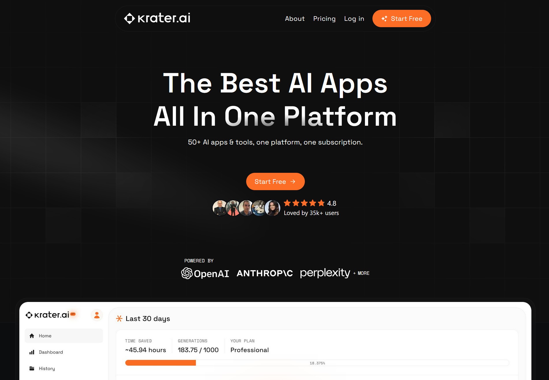 Krater AI screenshot - All-in-one AI workspace with 350+ models including ChatGPT, Claude, and Gemini
