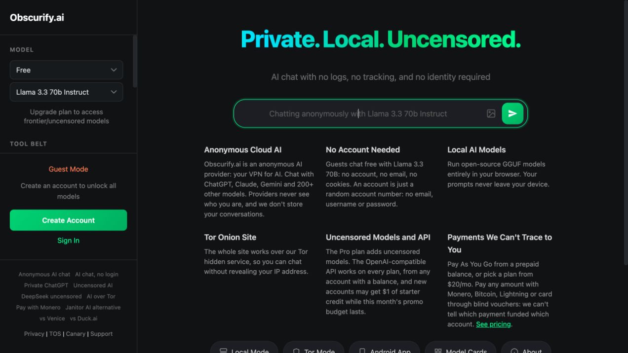 Obscurify.ai screenshot - Anonymous, privacy-first AI chat and API access with 200+ models, local AI, Tor access, and no stored conversations.